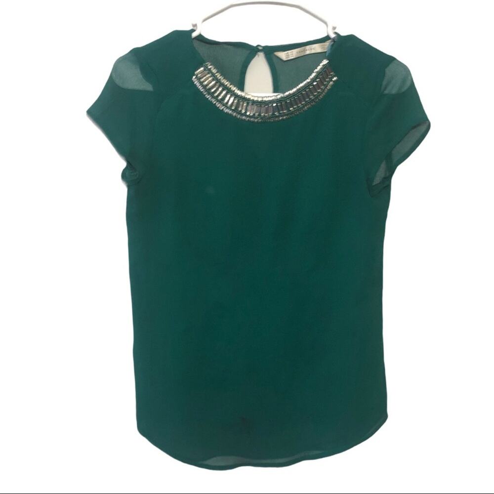 Zara trafulac Women’s Sheer Jeweled Green Blouse